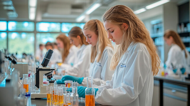 Un laboratorio de ciencias de instituto repleto de estudiantes con batas blancas realizando experimentos, con vasos de precipitados, probetas y microscopios sobre las mesas.
