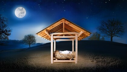 Moonlit Manger
The manger is placed in a small, open wooden shelter under the night sky, with the moon providing a cool, silvery light.