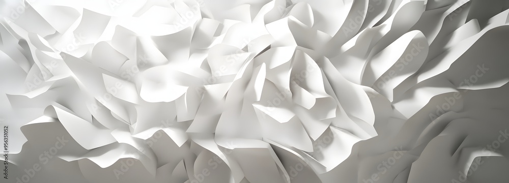 Poster 48. intricate paper shapes layered to form a fragmented yet cohesive 3d design with shadows and high