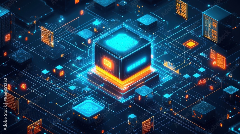 Poster futuristic digital circuit concept featuring illuminated processor core and vibrant circuits, symbol