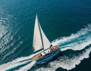 Fototapeta premium Wave and sail yacht on the sea as a background. Sea and waves from top view. Blue water background from top view. Top view from drone. Summertime vacation. Travel image. Ai generated images