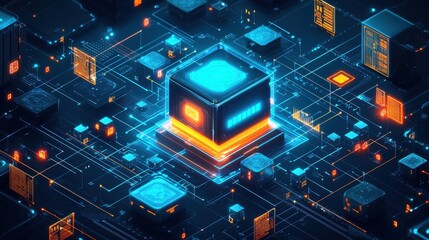 Futuristic digital circuit concept featuring illuminated processor core and vibrant circuits, symbolizing advanced technology and innovation