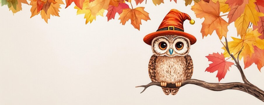 Cute owl wearing a tiny pilgrim hat, nestled in a fall tree, Thanksgiving charm, watercolor style