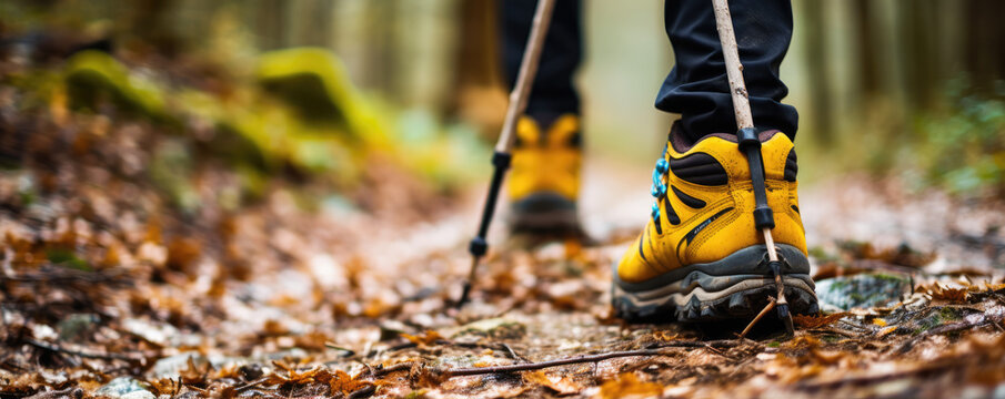 Detial of legs in hiking yellow shoes walking in the forest, using hiking sticks.