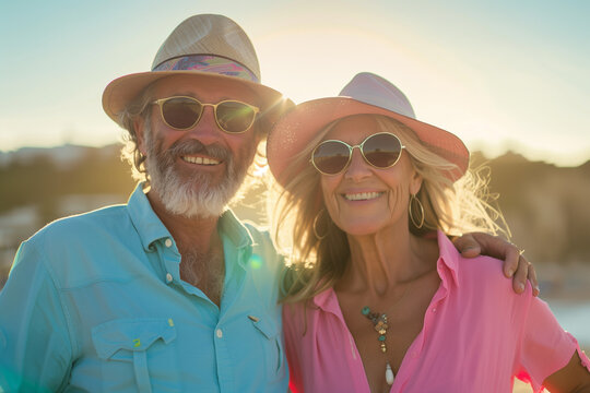 A portrait of an elderly couple on vacation. Relaxing and enjoying sunlight in sunglasses, retirement activity concept