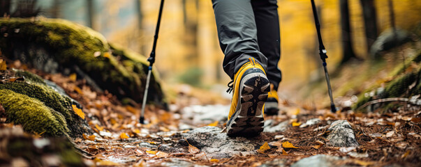 Detial of legs in hiking yellow shoes walking in the forest, using hiking sticks.