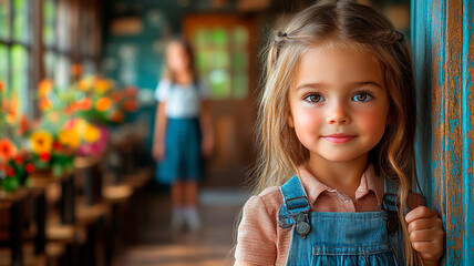 Un niño pequeño cogido de la mano de sus padres el primer día de colegio, frente a la puerta de un aula acogedora en la que le espera un amable profesor.