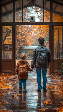 Un ni&ntilde;o peque&ntilde;o cogido de la mano de sus padres el primer d&iacute;a de colegio, frente a la puerta de un aula acogedora en la que le espera un amable profesor.