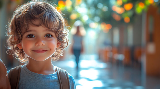 Un ni&ntilde;o peque&ntilde;o cogido de la mano de sus padres el primer d&iacute;a de colegio, frente a la puerta de un aula acogedora en la que le espera un amable profesor.