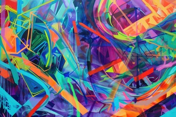 A colorful painting with a lot of brush strokes and splatters of paint