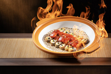 Exquisite Dongpo pork and fish balls, burning plates, indoor special effects shooting