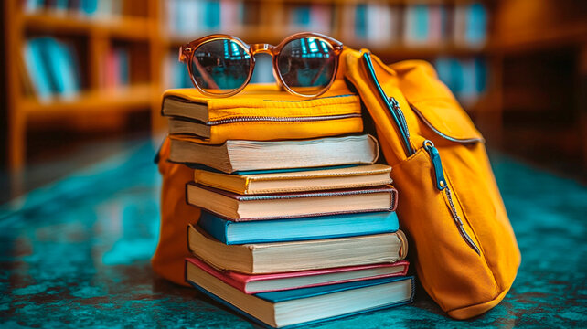 Close up de libros y libretas en el el interior de una mochila. Vuelta al colegio.