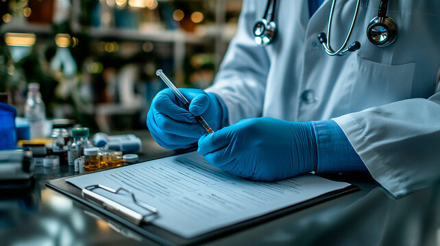 Primer plano de las manos enguantadas de un m&eacute;dico sosteniendo un estetoscopio o escribiendo notas en un portapapeles, con un enfoque en instrumentos m&eacute;dicos como una jeringa, un term&oacute;metro 