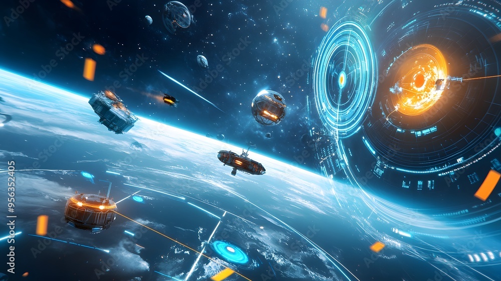 Poster futuristic spaceships orbiting a planet with a digital interface.