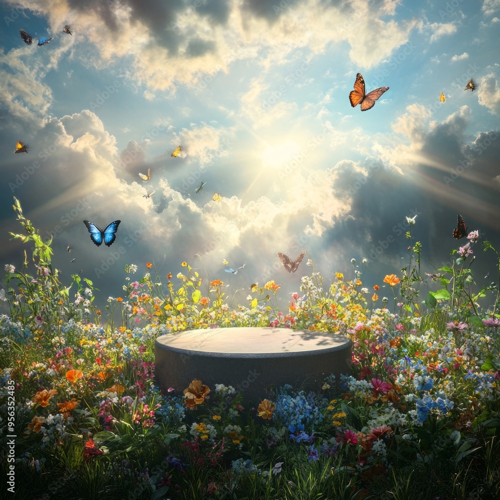 Canvas Prints A round pedestal surrounded by colorful wildflowers with butterflies flying in a bright sky.