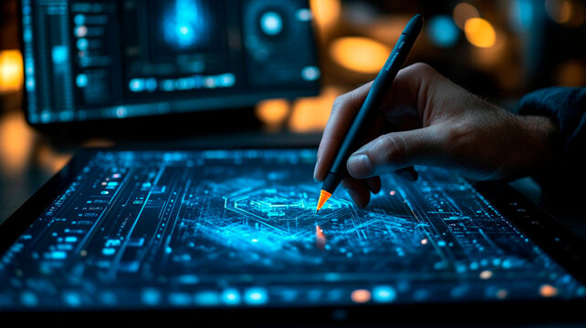 Primer plano de las manos de un diseñador gráfico utilizando un lápiz digital en una tableta, con un programa de diseño abierto en una pantalla de fondo, mostrando un trabajo detallado 