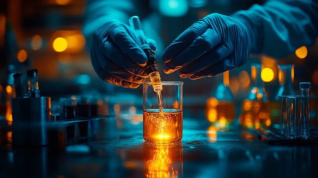 Plano detalle de las manos de un científico vertiendo cuidadosamente un líquido en un tubo de ensayo en un laboratorio, con instrumentos científicos como vasos de precipitados, pipetas