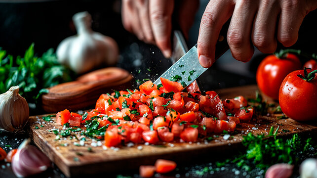 Manos de un cocinero picando finamente hierbas con un cuchillo afilado sobre una tabla de cortar, con ingredientes vibrantes como tomates, ajos y cebollas esparcidos alrededor.