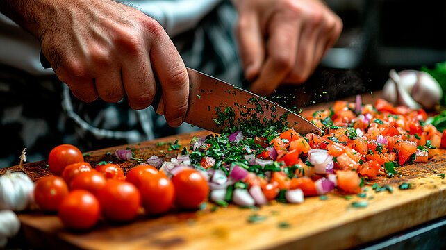 Manos de un cocinero picando finamente hierbas con un cuchillo afilado sobre una tabla de cortar, con ingredientes vibrantes como tomates, ajos y cebollas esparcidos alrededor.
