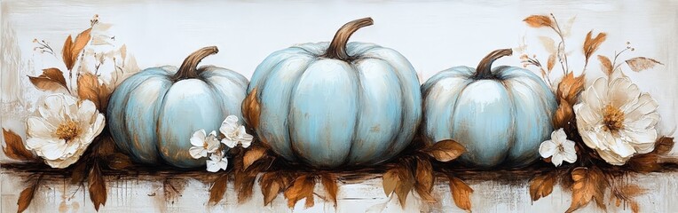 Watercolor White and Blue Pumpkins with Delicate Leaves and Flowers