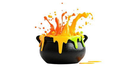 Colorful cauldron overflowing with vibrant splashes of paint or liquid. Artistic and creative concept isolated on white background.