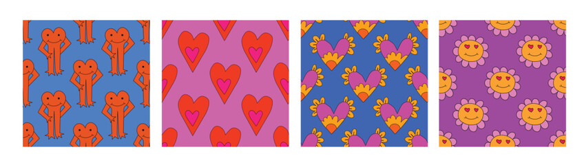 set of retro psychedelic patterns-hearts and valentines for February 14th.Funky and groovy heart shapes ornaments.Hippie rainbow backgrounds only good vibes.valentine's day 1970-1980	