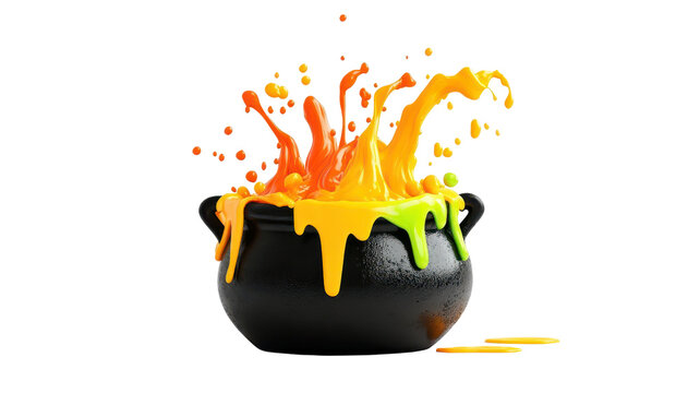 Colorful cauldron overflowing with vibrant splashes of paint or liquid. Artistic and creative concept isolated on white background.