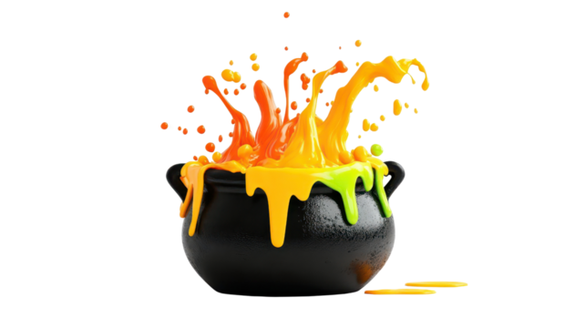 Colorful cauldron overflowing with vibrant splashes of paint or liquid. Artistic and creative concept isolated on white background.