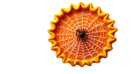 A Halloween-themed cupcake with orange frosting, decorated with a spider and web design on top. Perfect for festive celebrations and spooky treats.