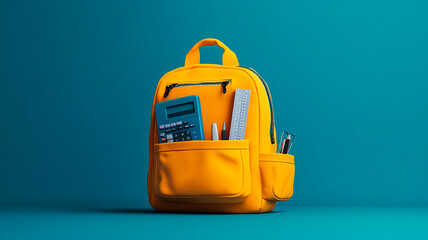 Concepto de vuelta al cole con una mochila amarilla entreabierta, derramando libros y artículos de papelería, sobre un fondo azul estampado, renderizado 3D con sombras suaves.