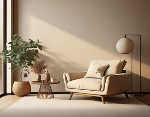 A serene, minimalist living room with a plush, white sofa adorned with neutral cushions and a cozy blanket. A wooden coffee table, abstract wall art, and elegant decor complete the tranquil ambiance.