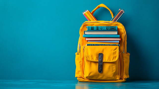 Concepto de vuelta al cole con una mochila amarilla entreabierta, derramando libros y art&iacute;culos de papeler&iacute;a, sobre un fondo azul estampado, renderizado 3D con sombras suaves.