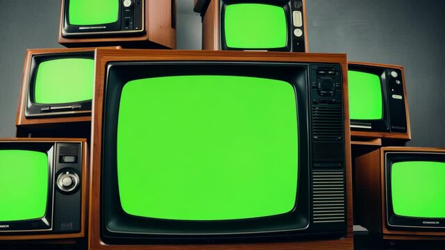 Stacked Retro TVs Powering On with Bright Green Screens