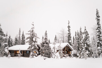 Cozy Scandinavian homes against the backdrop of a snowy forest. Perfect for winter travel, Scandinavian lifestyle, architecture, and nature-themed content in marketing or social media.