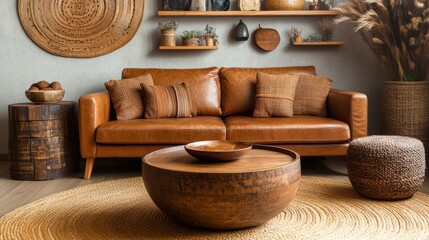 Bohemian Living Room Interior Design Leather Sofa, Wicker Furniture, and Ethnic Decorations