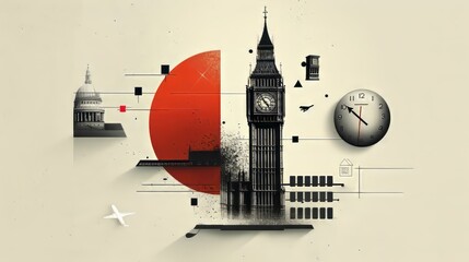 Abstract London cityscape with Big Ben, St. Paul's, and geometric elements. Red semi-circle and monochrome tones highlight urban themes. Ai generative.

