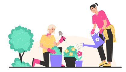 Grandmother and grandson plant and water flowers in pots in the garden