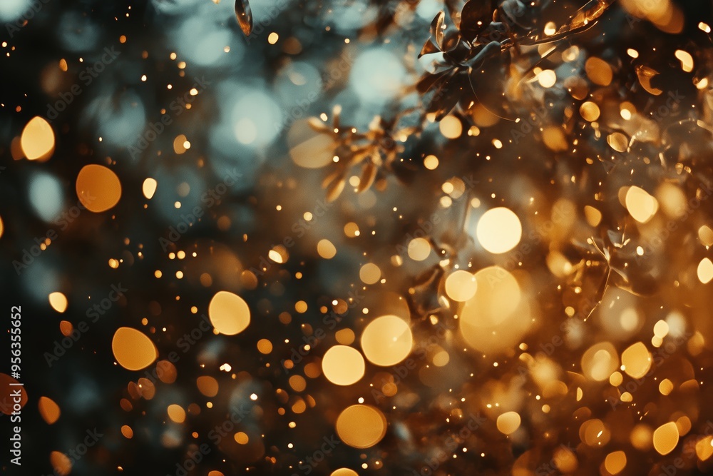 Poster golden and shimmering bokeh lights create a magical atmosphere in an outdoor setting during autumn e