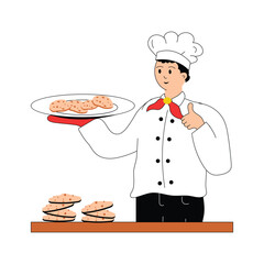 Baker flat illustration, baking bread, pastries, and other treats with culinary expertise