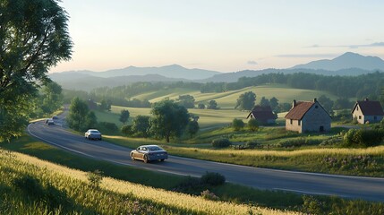 Serene Countryside Road with Light Traffic and Rolling Hills