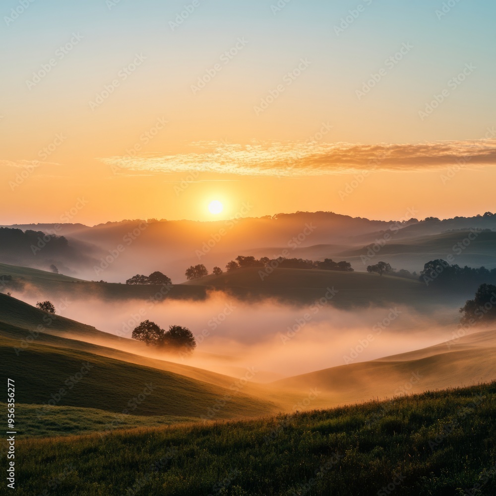 Poster A scenic view of a valley with rolling hills and fog at sunrise.