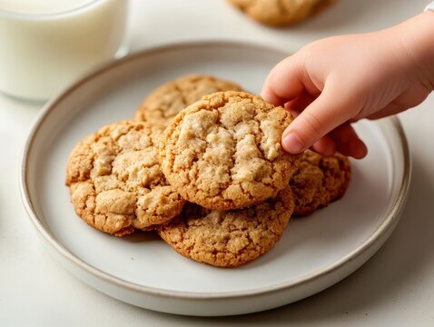 Child's Hand Reaching for Freshly Baked Cookies on a Plate with Glass of Milk in Background