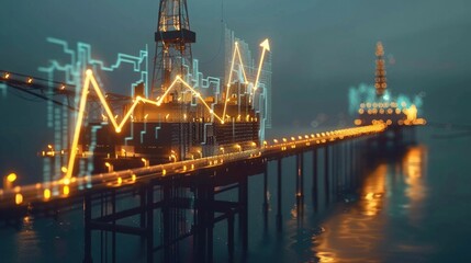Obraz premium Glowing oil pump jack with digital graphs of oil prices on a dark background. oil industry and financial analysis