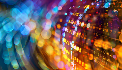 Obraz premium Optical fiber strands, binary code and circuit board, multiple exposure