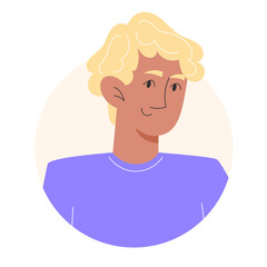 User icon with young woman with curly blond hair in flat style