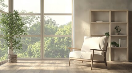Fototapeta premium Bright and serene living room interior featuring a cozy armchair, wooden bookshelf, large window with a view of lush greenery outside. space exudes a minimalist and peaceful atmosphere. Ai generative
