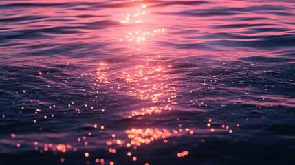 Glowing pink sunlight reflecting on calm water surface during sunset