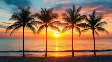 Obraz premium Stunning sunset over the ocean with palm trees silhouetted at the beach