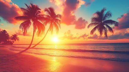 Vibrant sunset over the ocean with palm trees silhouetted on the beach