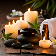 Serene Spa Ambiance with Soft Candlelight, Aromatic Essential Oils, and Polished Stones | Tranquil and Relaxing Wellness Retreat Setting for Ultimate Relaxation and Calmness